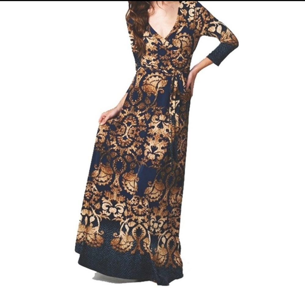 Medium brocade faux wrap maxi dress